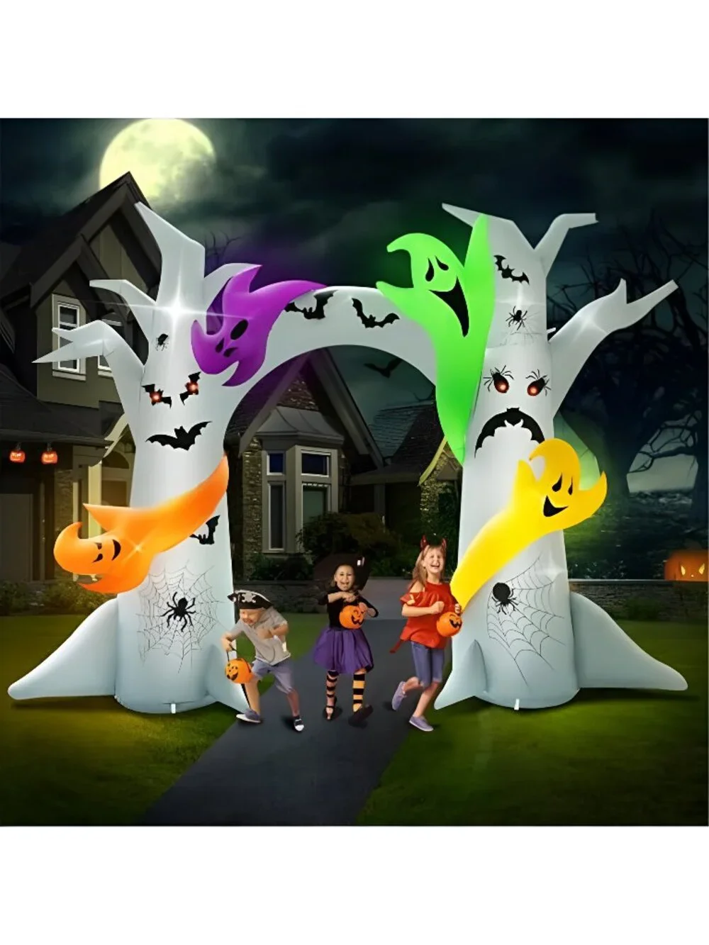14FT Length X 10FT Tall Halloween Inflatable Tree Arch with 4 Colorful Ghosts,